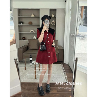 Đầm suông đỏ cổ phối đen, váy suông dạ gài khuy viens store