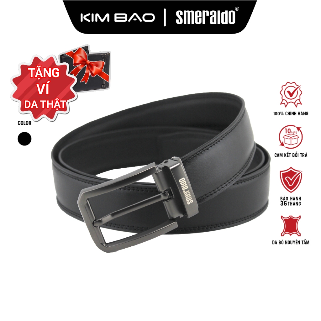 Thắt Lưng Nam, Dây Nịt Nam Smeraldo CB_Đ.KK3.5.M_K3 Đầu Khóa Kim Da Bò Màu Đen