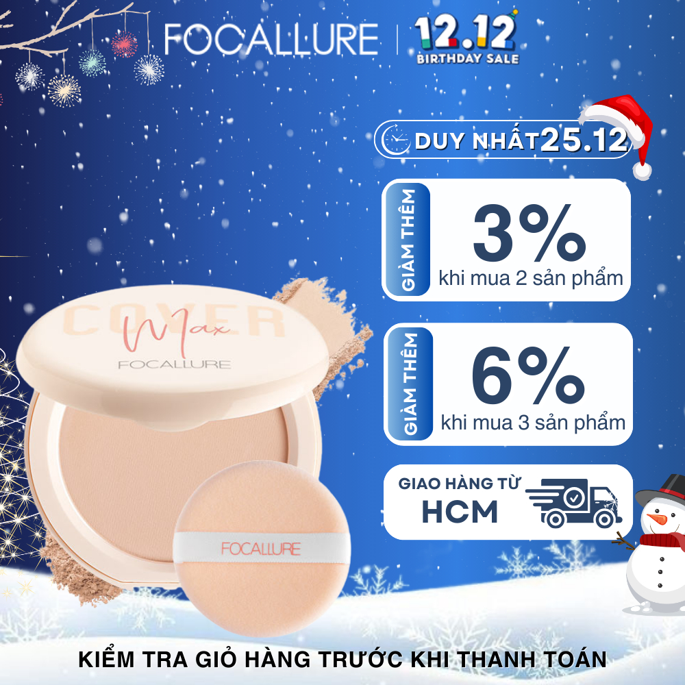 FOCALLURE Phấn nền lì dạng nén che khuyết điểm hoàn hảo cùng Vitamin C 9G