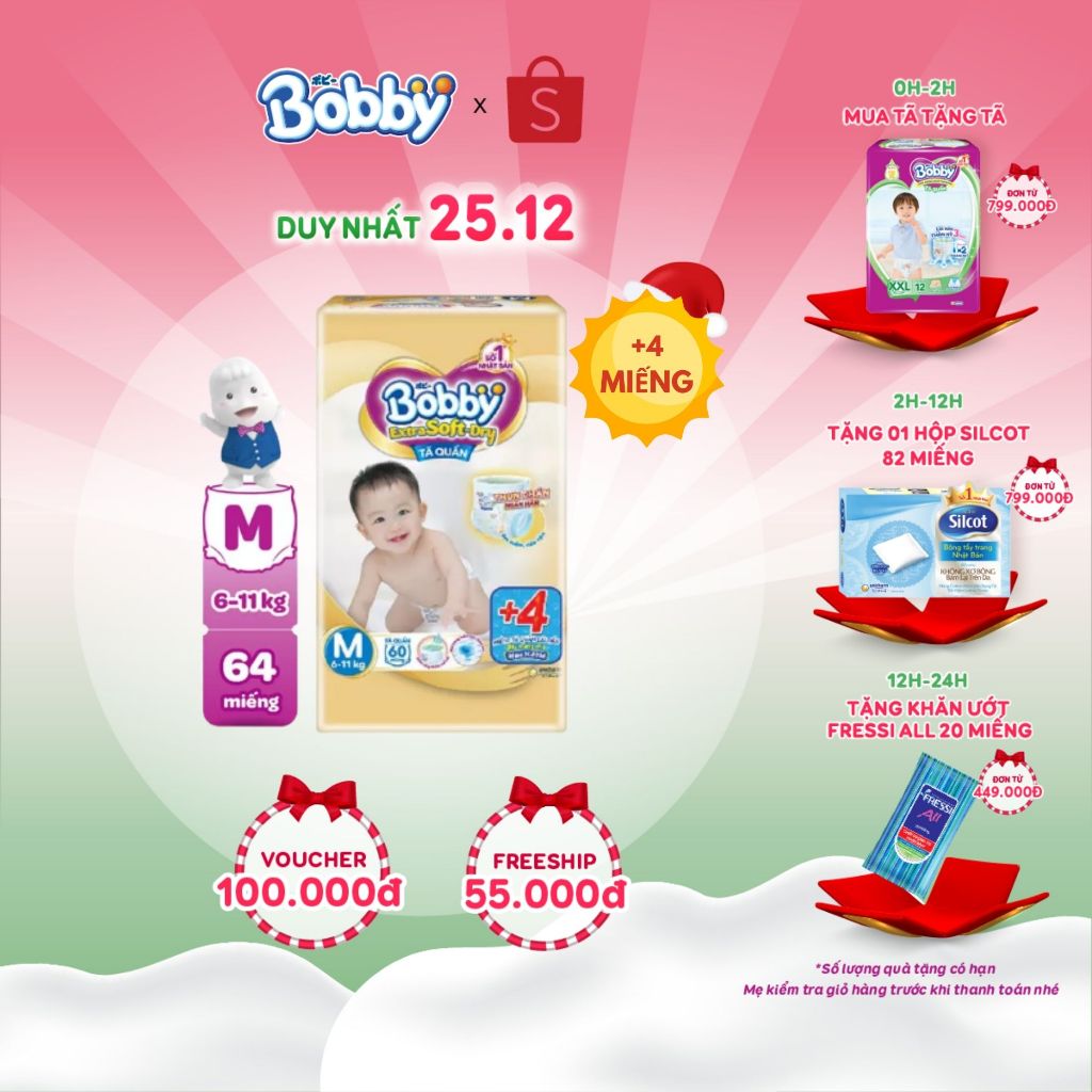 Tã Bobby Quần Extra Soft Dry S70/M60/L52+2/XL46+6/XXL42+4