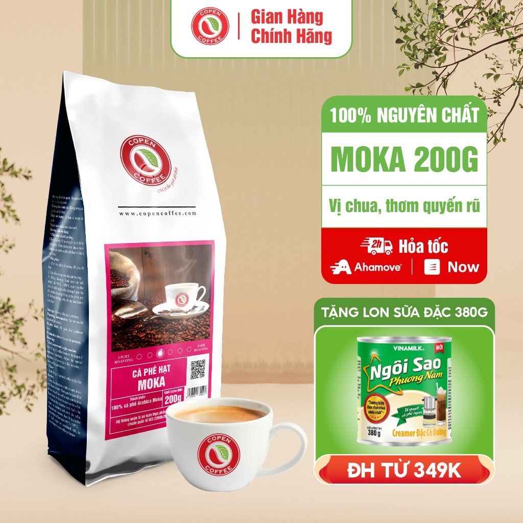 Cà phê hạt Moka rang mộc nguyên chất Copen Coffee 200G/GÓI - dành cho pha phin gu đắng nhẹ, thơm nồng, hậu ngọt kéo dài