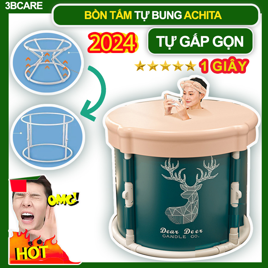 Bồn tắm gấp gọn Achita tự bung không cần lắp ráp,4 trụ đứng chắc chắn,chậu tắm gấp gọn tặng đệm hơi, muối tắm, ống nước