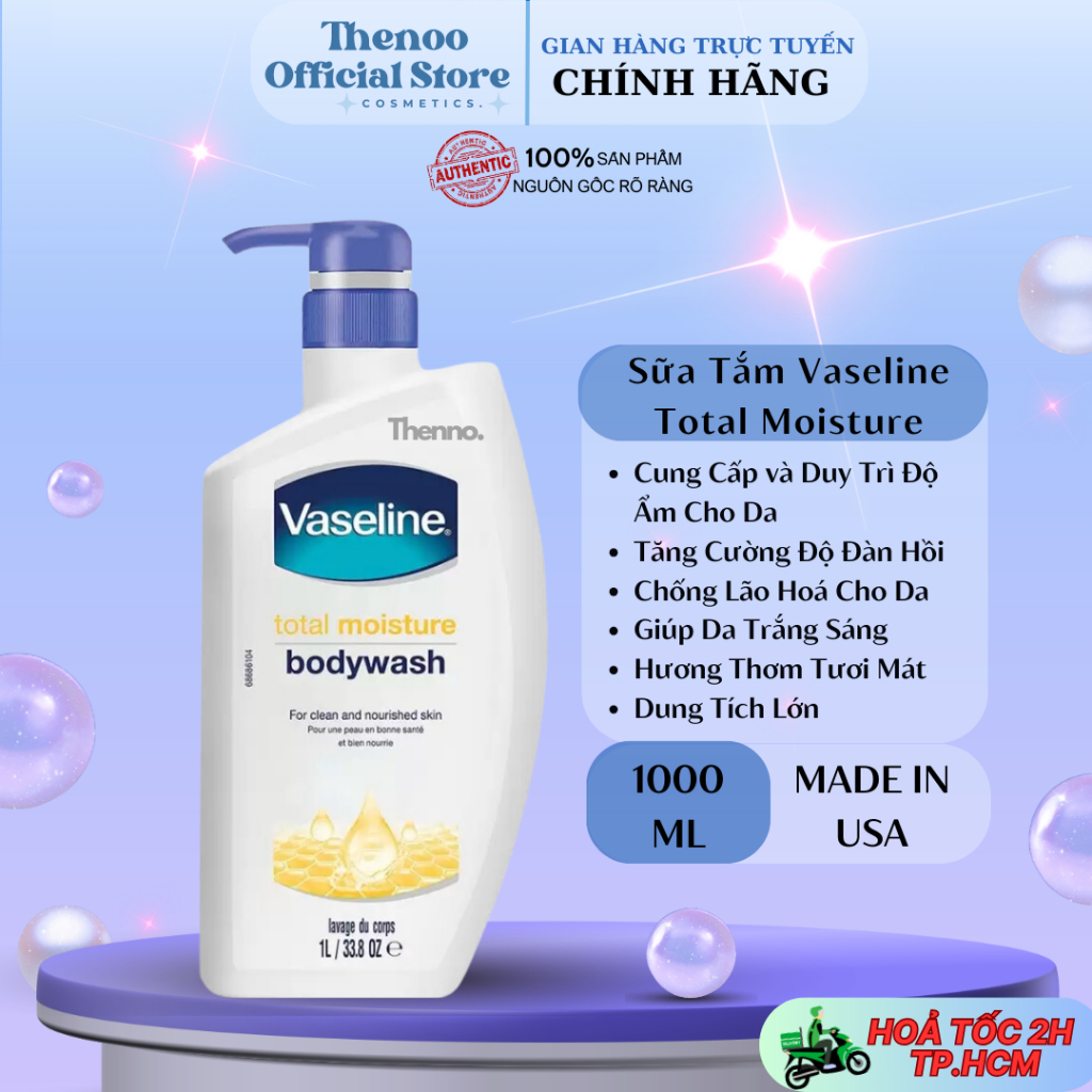 Sữa Tắm Vaseline Total Moisture Body Wash Chai 1L - Hàng Mỹ