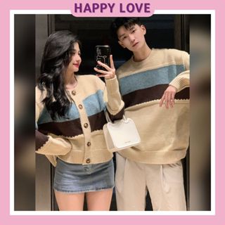 Đồ đôi áo len nam nữ cổ tròn dài tay hàn quốc HAPPYLOVE màu be kem kẻ sọc ngang cho cặp đôi H155