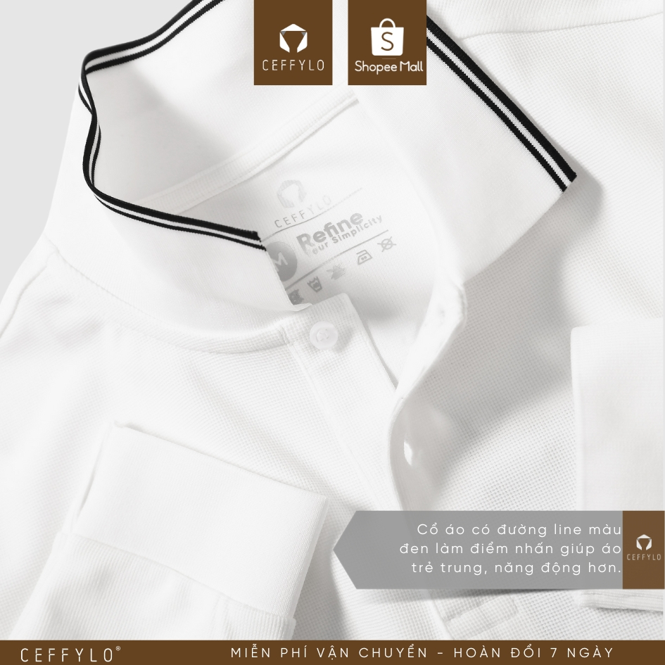 Áo polo nam dài tay CEFFYLO màu trắng chất cotton mềm mịn thoáng khí co giãn 4 chiều dáng slimfit thời trang nam
