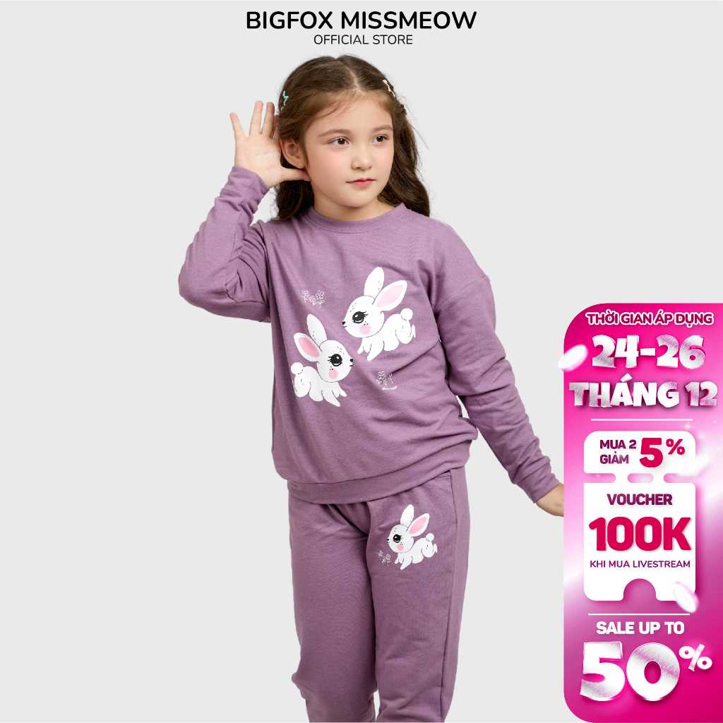 Bộ dài tay bé gái Bigfox Miss Meow mùa thu đông chất nỉ, da cá phong cách Hàn Quốc size đại trẻ em 3,7,11 tuổi 40kg 1861