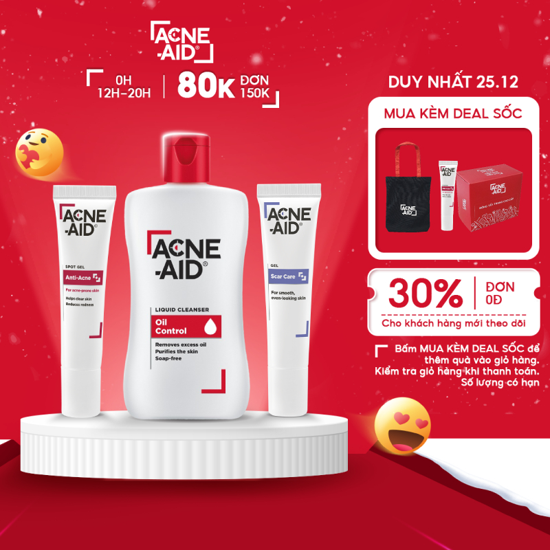 Combo ACNE-AID sữa rửa mặt LIQUID CLEANSER 100ML gel chấm mụn SPOT GEL và gel cải thiện sẹo Scar Care 10g