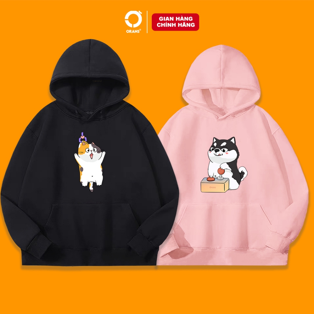 Áo Hoodie đôi Orans chó mèo gắp thú bông dễ thương chất nỉ cotton cao cấp form rộng unisex
