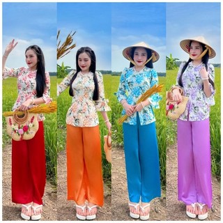 Sét bộ bà ba tay loe cổ tròn nút ngọc duyên dáng