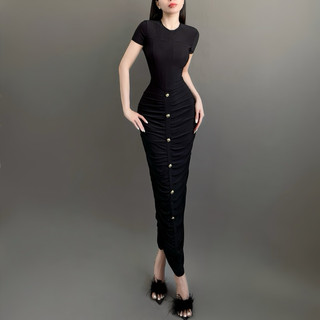 Đầm body maxi dài tay con nhún thân đính nút sang trọng ôm body sexy gợi cảm