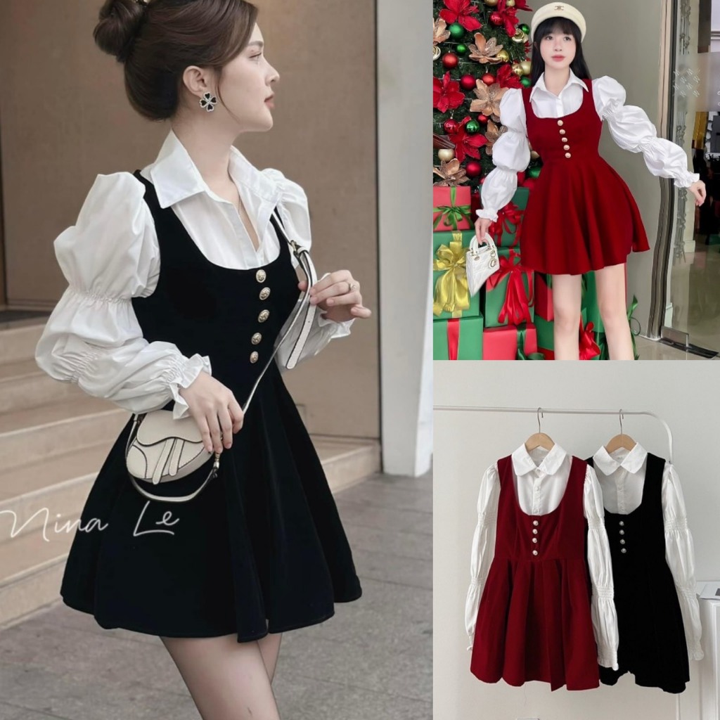 Set sơ mi tay bồng kèm yếm nhung cúc ngọc tiểu thư set rời 2 món,váy nhung xòe chiết eo baby doll kèm áo B208 SUTANO