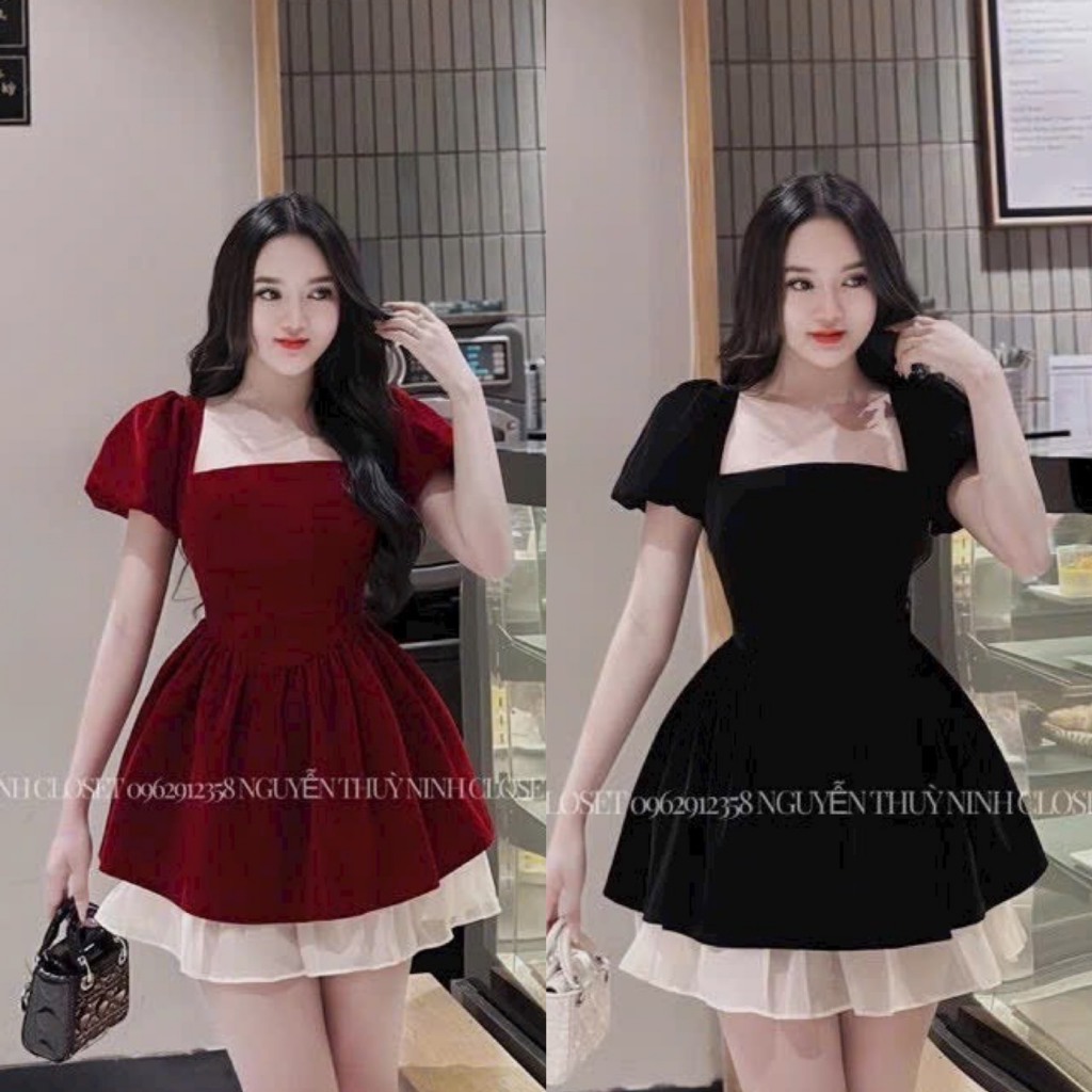 đầm nhung nữ,váy tiểu thư tay phồng cổ vuông dáng xòe thanh lịch,đầm dự tiệc sang chảnh V708 SUTANO