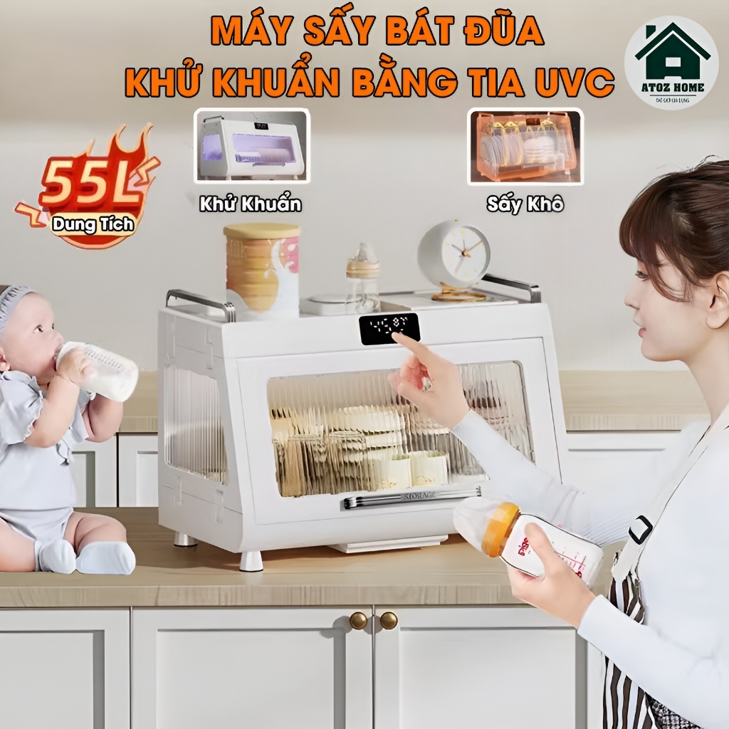 Máy Sấy Bát Đũa Tiệt Trùng Bằng Tia UVC Dung Tích 55L Sấy Khô 70° Khử Ion Âm Diệt Vi Khuẩn An Toàn Tiện Dụng Cho SứcKhỏe