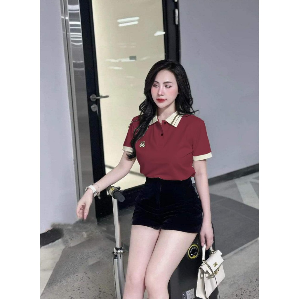 Áo polo thêu gấu TOY đen be, áo polo thêu gấu nữ
