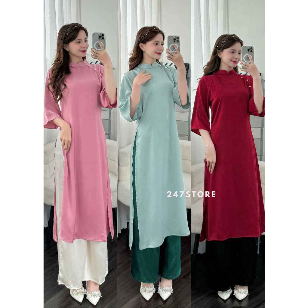 Set áo dài lụa trơn đính cúc ngọc kèm quần phối màu - 247store.vn - Aodai0264_P11K15
