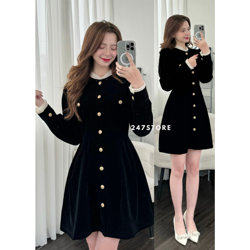 Váy nhung cổ bèo khuy đồng dáng ngắn - 247store.vn - Vaynhungcobeo3550__P0K28