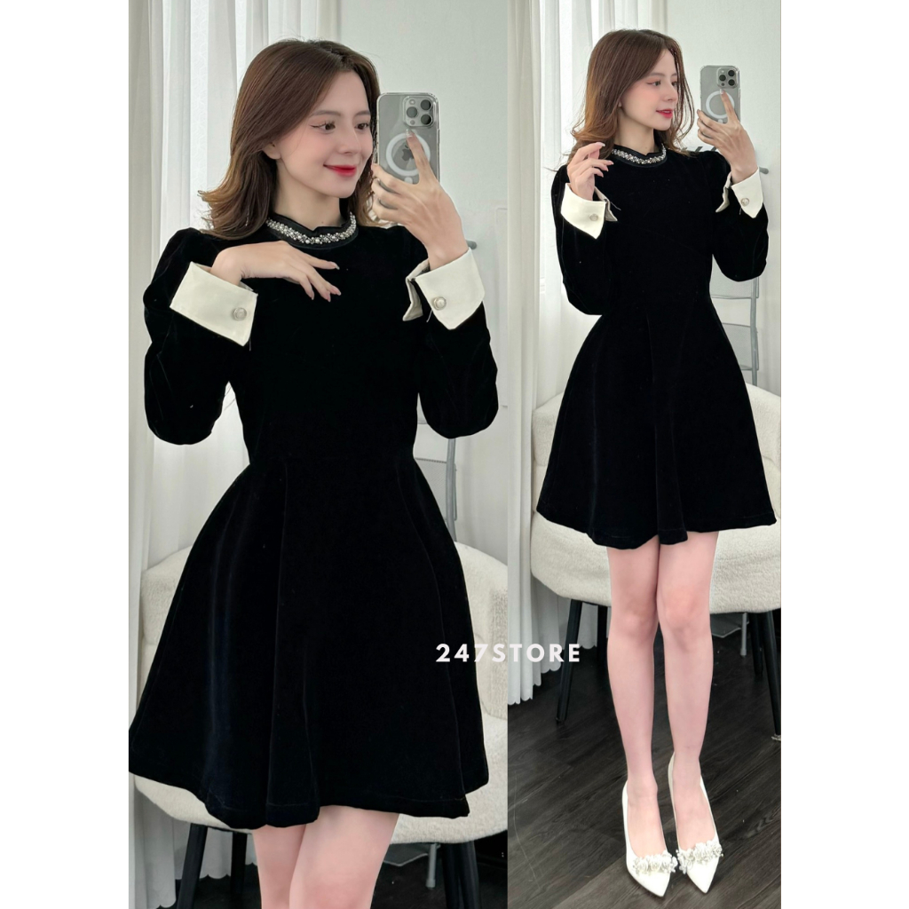 Váy nhung đen cổ đính đá - Vaycoda2395_P0K31