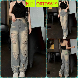 [ORTD5619] QUẦN JEANS ỐNG RỘNG NỮ LƯNG CAO RÁCH CÀO ĐÙI NHIỀU TRƯỚC PHỦ ÁNH VÀNG PHỐI RÁCH SAU 1 BÊN