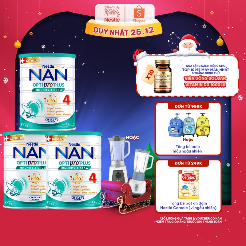 [Tặng Máy xay sinh tố] Bộ 3 Lon Sữa bột Nestlé NAN OPTIPRO PLUS 4 1500g/lon với 5HMO Giúp tiêu hóa tốt + Tăng đề kháng