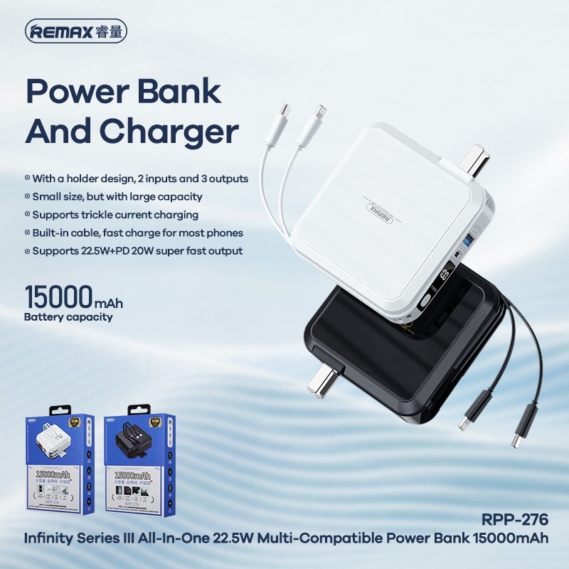 Sạc dự phòng pin tích điện đa năng 15000mah Remax RPP-276 22.5W có đèn led tích hợp cốc sạc nhanh PD