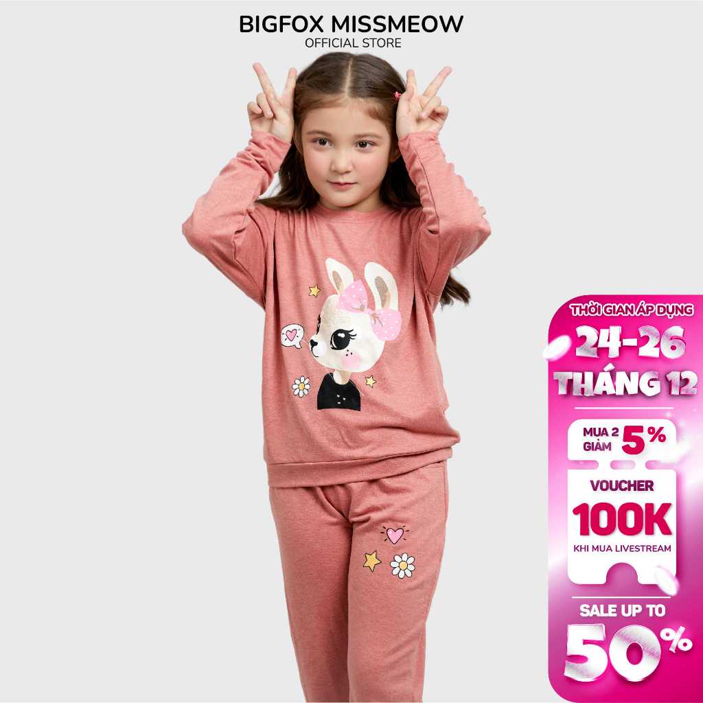 Bộ thu đông bé gái Bigfox Miss Meow kiểu dài tay chất nỉ, da cá style Hàn Quốc size đại trẻ em 3,5,7,11 tuổi 40kg 1853