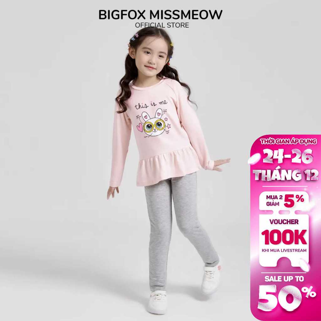 Bộ quần áo bé gái Bigfox - Miss Meow dài tay thu đông, phong cách Hàn Quốc in thỏ đeo kính size đại 3,4,5,6,7,8,9,10,11