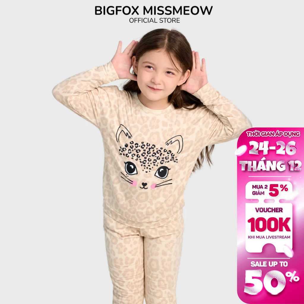 Bộ bé gái Bigfox - Miss Meow dài tay chất nỉ thu đông màu kem đốm in báo size trẻ em 3,4,5,6,7,8,9,10,11 tuổi