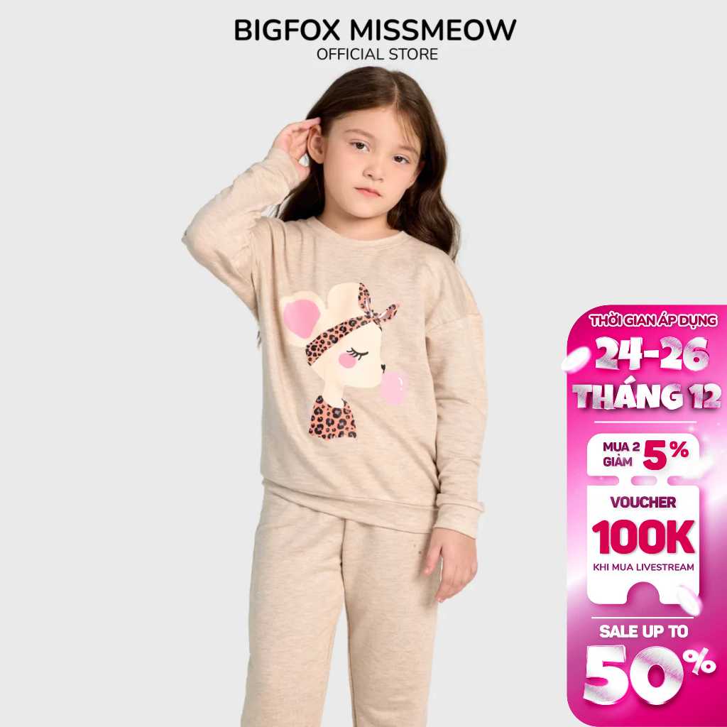 Bộ bé gái Bigfox - Miss Meow dài tay thu đông chất nỉ da cá in chuột thổi bóng phong cách Hàn Quốc 3,4,5,6,7,8,9,10,11