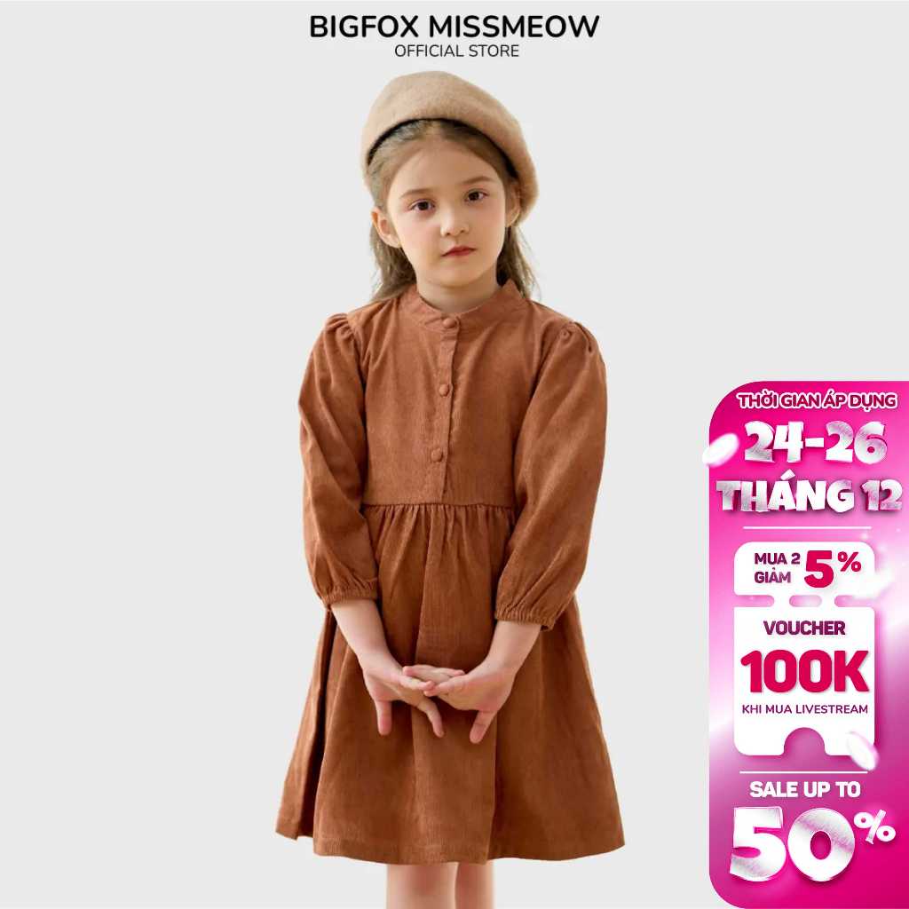 Váy bé gái Bigfox - Miss Meow mùa thu đông chất nhung tăm công chúa xinh xắn cúc bọc màu nâu tây size trẻ em 3 -11 tuổi