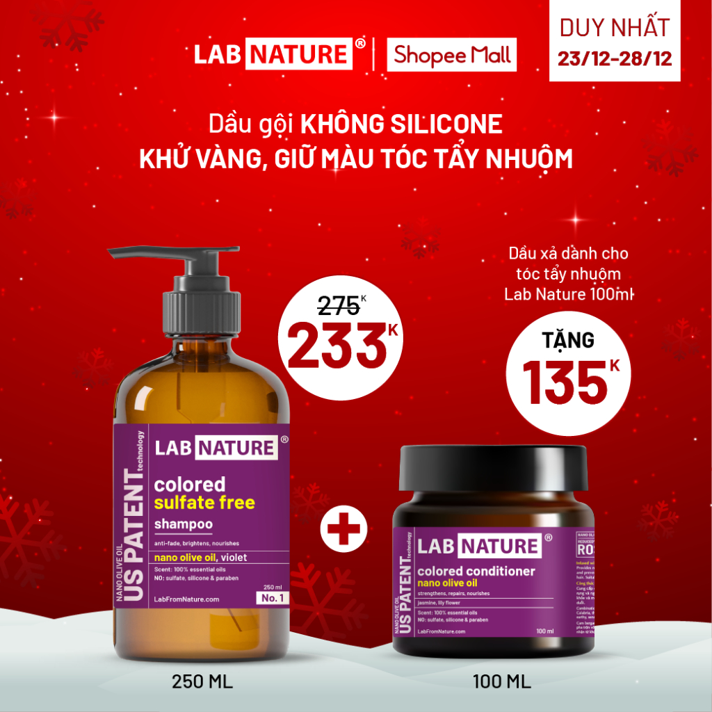 Dầu Gội Không Silicone Khử Vàng, Giữ Màu Tóc Tẩy Nhuộm Lab Nature No.1 - Công nghệ Nano Dầu Olive - 250ml