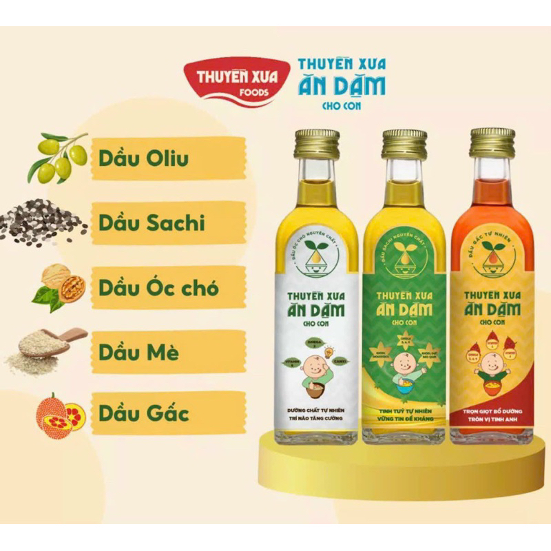 Dầu ăn dặm Thuyền Xưa cho bé 6m+ - dầu gấc, dầu óc chó, dầu oliu, dầu mè, dầu sachi