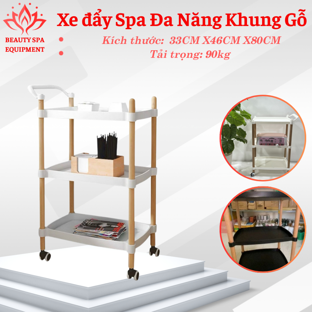 Xe đẩy Spa đa năng khung gỗ chắc chắn | Xe đẩy gỗ spa mặt nhựa ABS | Kệ spa 3 tầng