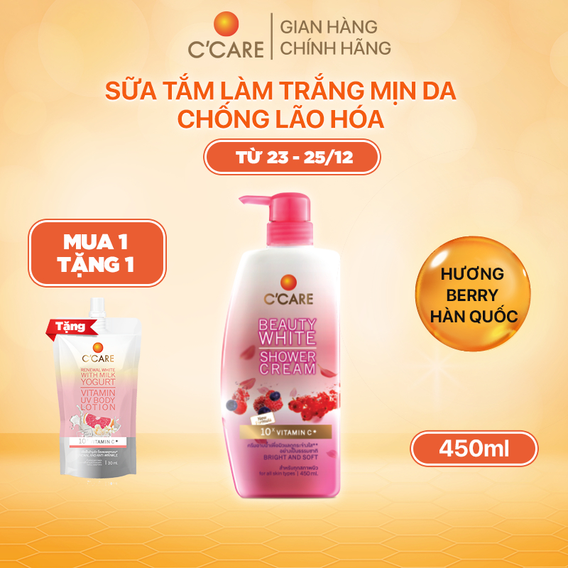 Sữa tắm làm trắng mịn da chống lão hóa C'CARE Beauty White Shower Cream hương Berry Hàn Quốc 450ml
