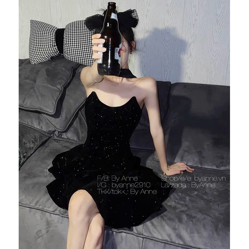 VIDEO ẢNH THẬT🖤Đầm nhung black cup ngực lấp lánh bling bling xoè sang chảnh cao cấp quyến rũ đi tiệc,bar pub nổi bật