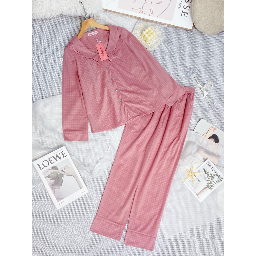 Bộ Đồ nhung tăm pijama Anna nữ cao cấp, họa tiết nanh sói sang chảnh trẻ trung tinh tế, kiểu dài tay quần dài cổ sen
