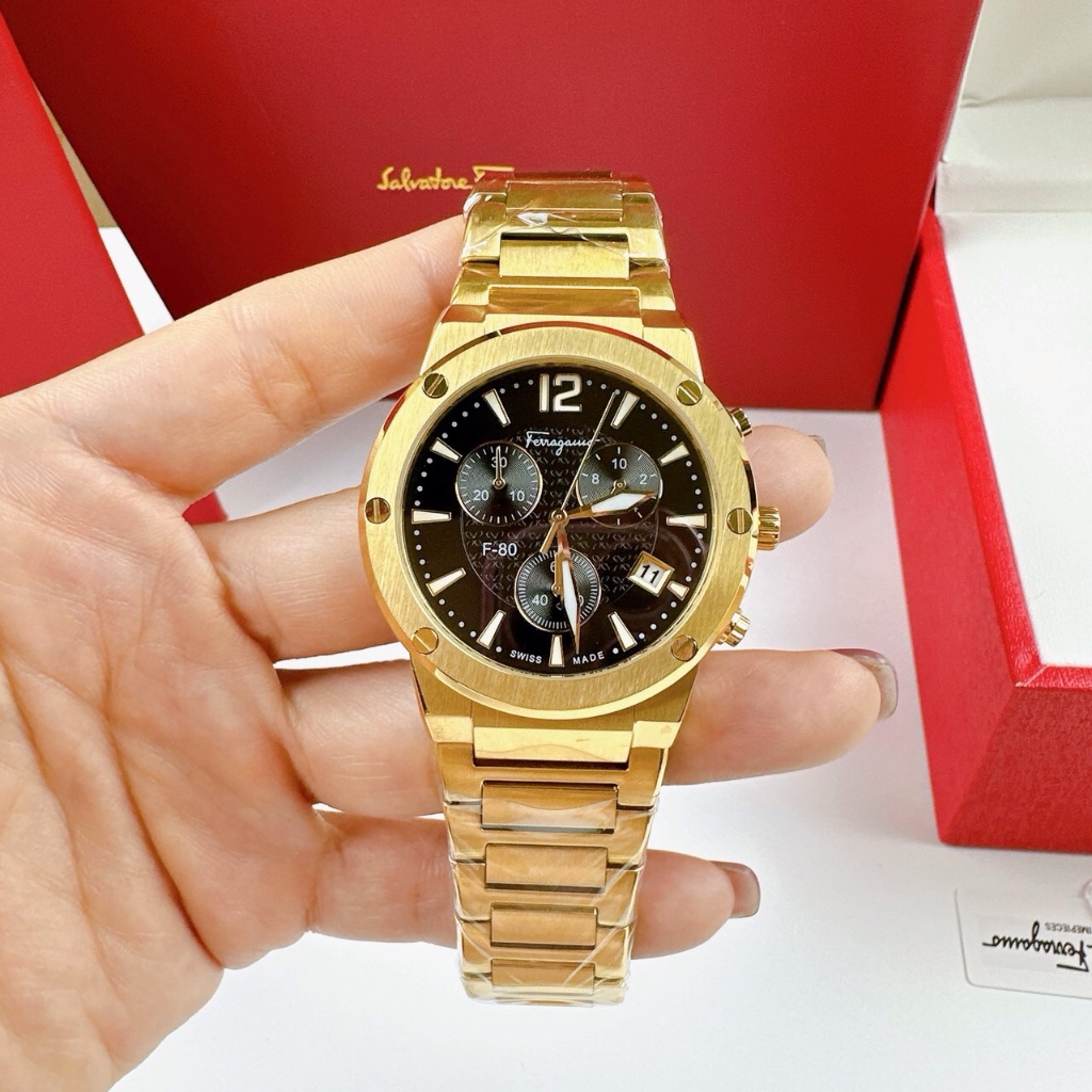 Đồng hồ nam cao cấp Salvatore Ferragamo F80 Classic Chronograph Watch 44mm, Full box, Luxury diamond