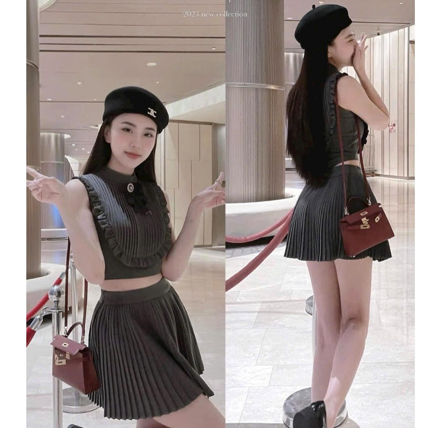 Set đồ nữ đi chơi, set bộ Chou màu xám áo kiểu sát nách phối chân váy xòe xếp ly sang chảnh cho nàng đi tiệc, đi chơi