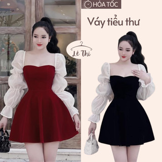 Váy tiểu thư cúp ngực tay dài phối voan sang chảnh, đầm đỏ, đầm dự tiệc chất nhung siêu xinh|Lê Thi Clothing