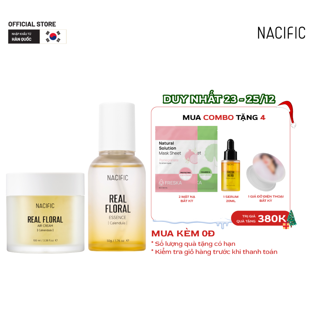 Combo Nacific Tinh chất Real FloralEssence Calendula 50g(dateT12/2024) & Kem dưỡng Real Floral Air Cream Calendula 100ml