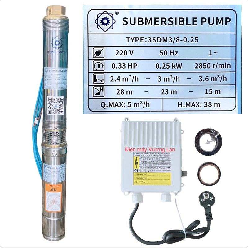 Máy bơm hỏa tiễn 3" 250W (0.3HP) ( Ø76 thả ống 90) thân inox 304 có hộp tụ đi kèm Well King - Bảo hành 1 năm