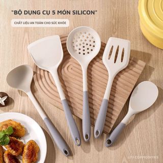 Bộ dụng cụ nhà bếp, vá nấu ăn bằng silicon 5 món chịu nhiệt độ cao