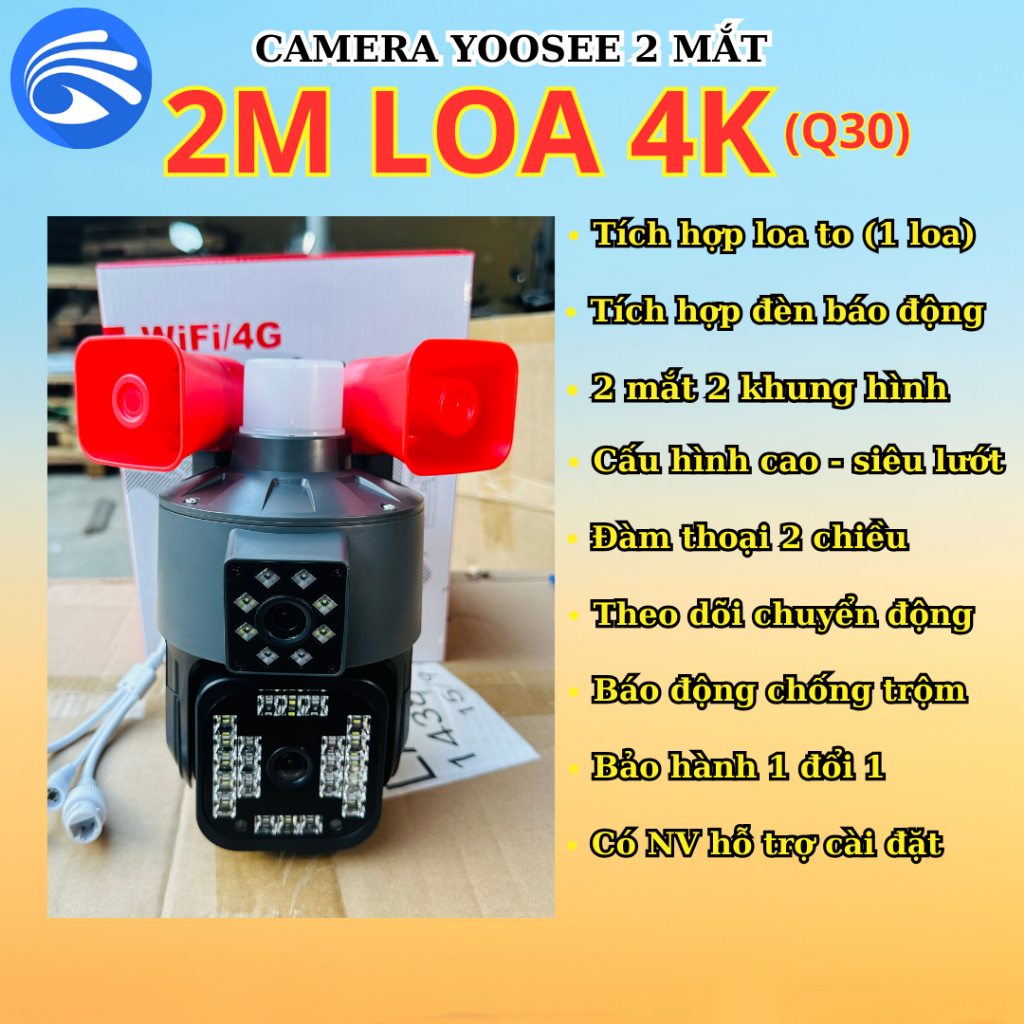 Camera yoosee ngoài trời 2 mắt 2 loa 4k, siêu chống nước, phiên bản loa nâng cấp