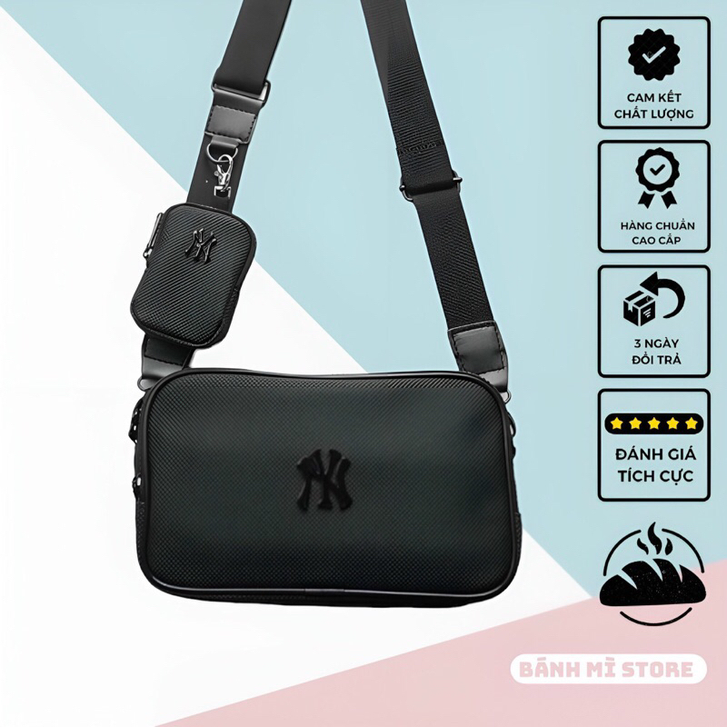 Túi Đeo Chéo MLB Men Black 2024 Waist Bag NY Chất Liệu Da Si Xịn Chống Thấm Size 24 x 14 Cm - Túi Chéo Màu Đen Đơn Giản