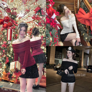  Áo len tăm trễ vai nữ form vừa áp len tăm nhung rúm tay bèo ngang siêu xinh P 15 