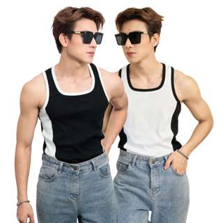  Áo Thun Ba Lỗ Tanktop Cổ Vuông Phối Sọc Trắng Đen Form Body Thun Tăm Gân Thương Hiệu Mr Twins 