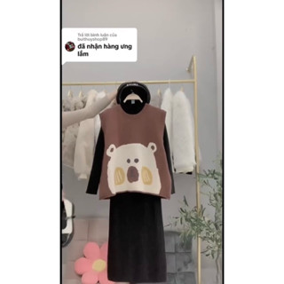 Sét Váy Len Kèm Áo Gile Nỉ In Hình Mặt Gấu From Rộng