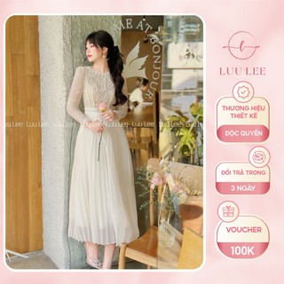 Váy ren trắng thiết kế by Luu Lee phối dập ly, cổ tròn, tay dài ôm sang chảnh mặc đi tiệc đi chơi - L38