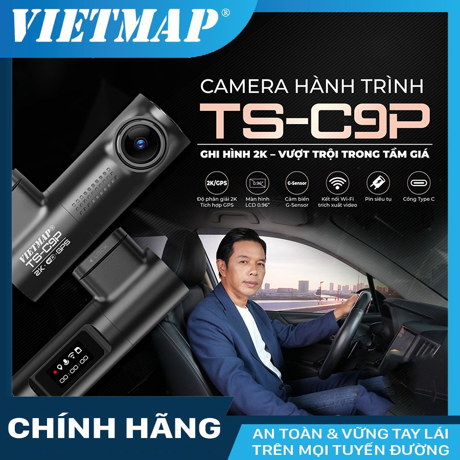Camera hành trình ô tô Vietmap TS-C9P ghi hình 2K, Pin siêu tụ điện, có GPS Wifi kèm thẻ nhớ 32/64/128GB