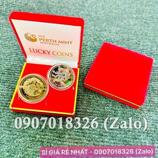 CẶP TIỀN ĐỒNG XU ÚC MẠ VÀNG MẠ BẠC 2024 HÌNH CON RỒNG , KÈM HỘP NHUNG NỀN ĐỎ