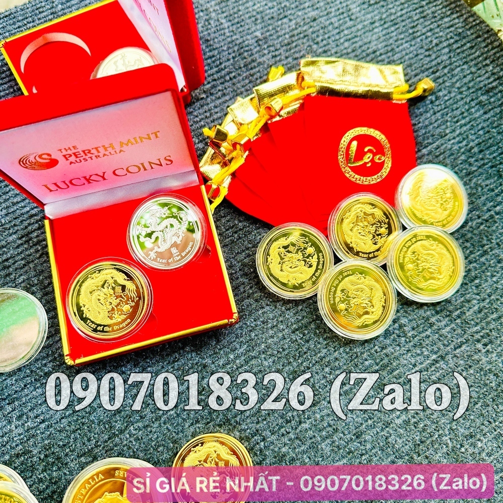 Quà tặng khách hàng Tết 2024 : Cặp Tiền Xu Con Rồng Vàng Và Bạc Úc - tặng hộp nhung đỏ